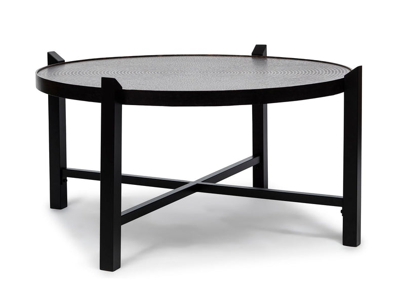 Modern Black Round Coffee Table with Copper Finish Engraved Top Payday Deals