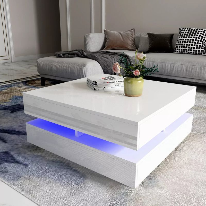 Modern Large High Gloss Coffee Table With LED Lights White Payday Deals