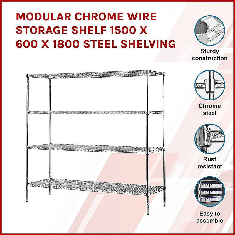 Modular Chrome Wire Storage Shelf 1500 x 600 x 1800 Steel Shelving Payday Deals