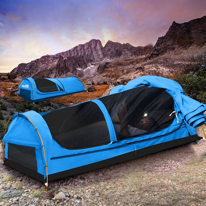 Mountview King Single Swag Camping Swags Canvas Dome Tent Hiking Mattress Blue Payday Deals