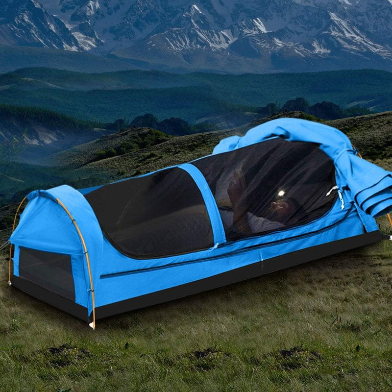 Mountview King Single Swag Camping Swags Canvas Dome Tent Hiking Mattress Blue Payday Deals