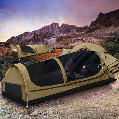 Mountview King Single Swag Camping Swags Canvas Dome Tent Hiking Mattress Khaki Payday Deals