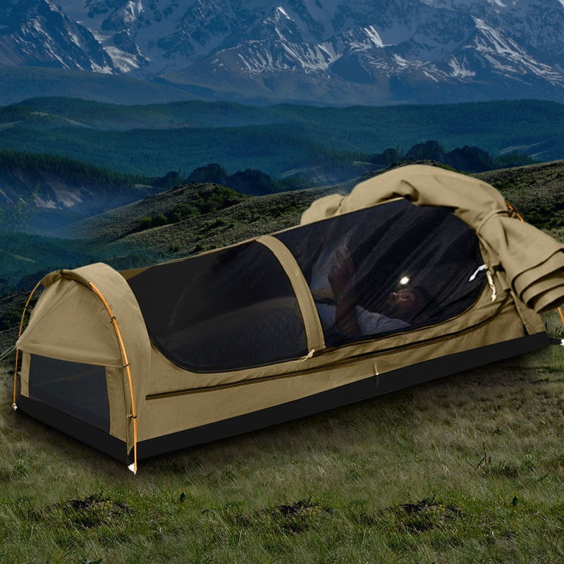 Mountview King Single Swag Camping Swags Canvas Dome Tent Hiking Mattress Khaki Payday Deals