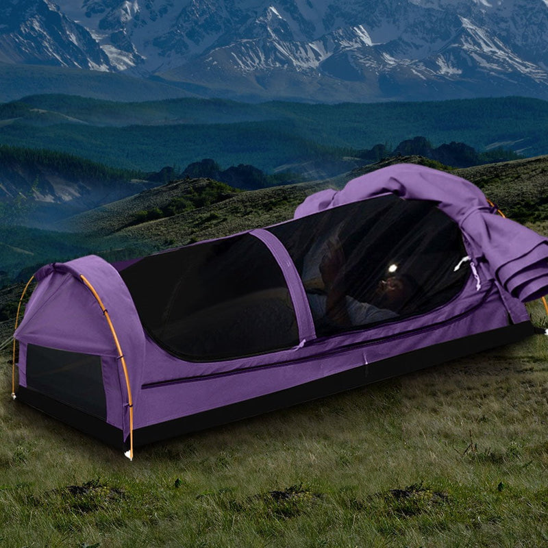 Mountview King Single Swag Camping Swags Canvas Dome Tent Hiking Mattress Purple Payday Deals