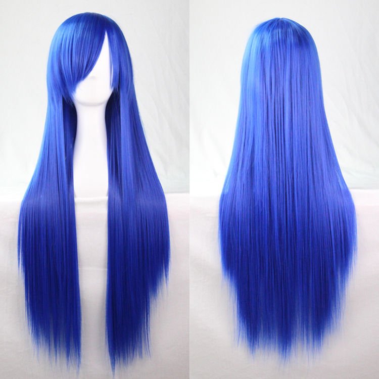 New 80cm Straight Sleek Long Full Hair Wigs w Side Bangs Cosplay Costume Womens, Blue Payday Deals