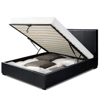 NINO King Single Size Gas Lift Bed Frame Base With Storage Mattress Black Leather