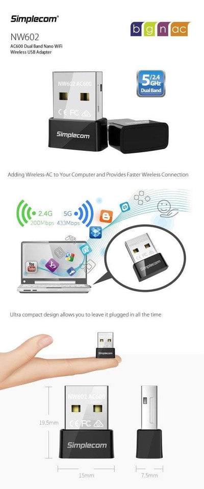 Simplecom NW602 AC600 Dual Band Nano USB WiFi Wireless Adapter Payday Deals