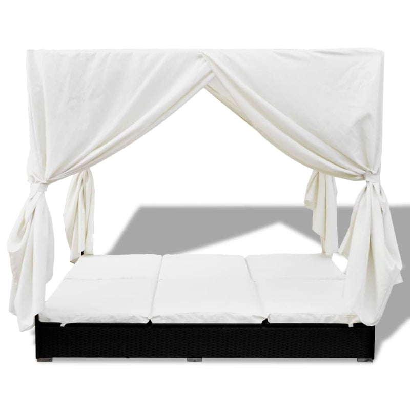 Outdoor Lounge Bed with Curtains Poly Rattan Black Payday Deals
