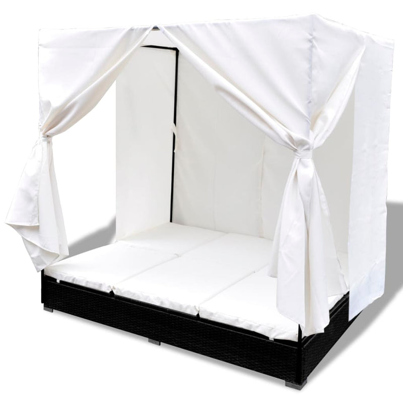 Outdoor Lounge Bed with Curtains Poly Rattan Black Payday Deals