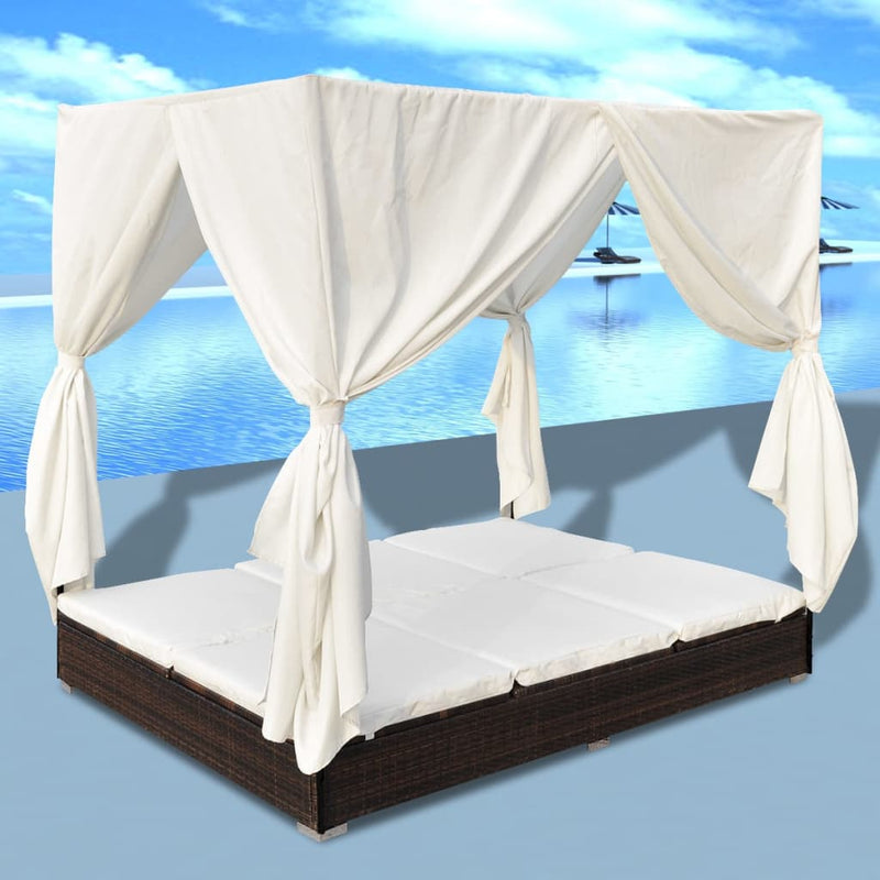 Outdoor Lounge Bed with Curtains Poly Rattan Brown Payday Deals