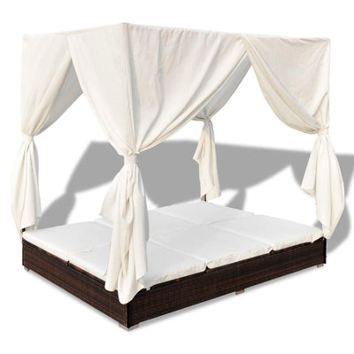 Outdoor Lounge Bed with Curtains Poly Rattan Brown Payday Deals