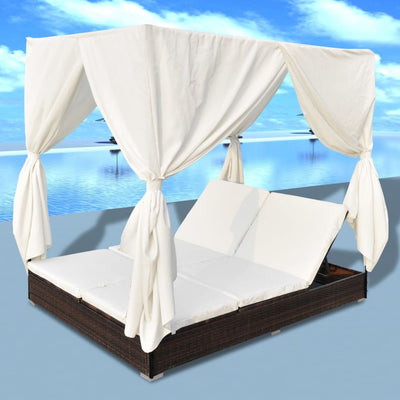 Outdoor Lounge Bed with Curtains Poly Rattan Brown Payday Deals