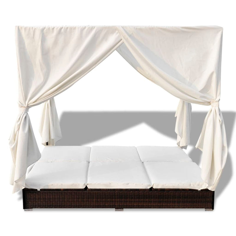 Outdoor Lounge Bed with Curtains Poly Rattan Brown Payday Deals