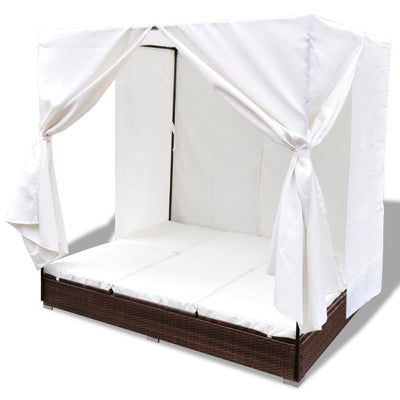 Outdoor Lounge Bed with Curtains Poly Rattan Brown Payday Deals