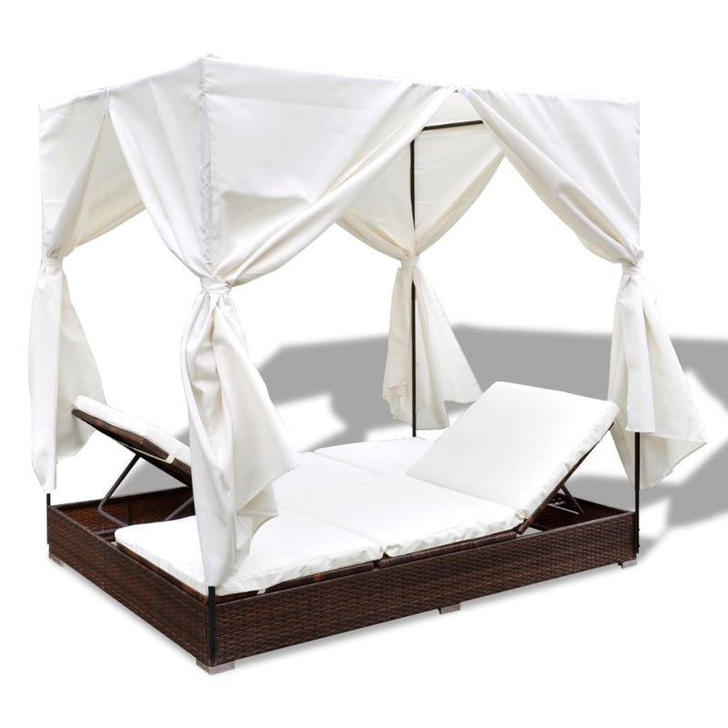 Outdoor Lounge Bed with Curtains Poly Rattan Brown Payday Deals