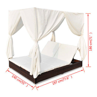 Outdoor Lounge Bed with Curtains Poly Rattan Brown Payday Deals