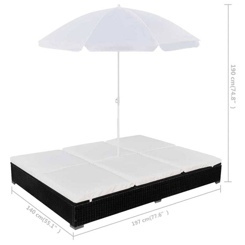 Outdoor Lounge Bed with Umbrella Poly Rattan Black Payday Deals