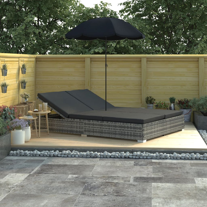 Outdoor Lounge Bed with Umbrella Poly Rattan Grey Payday Deals