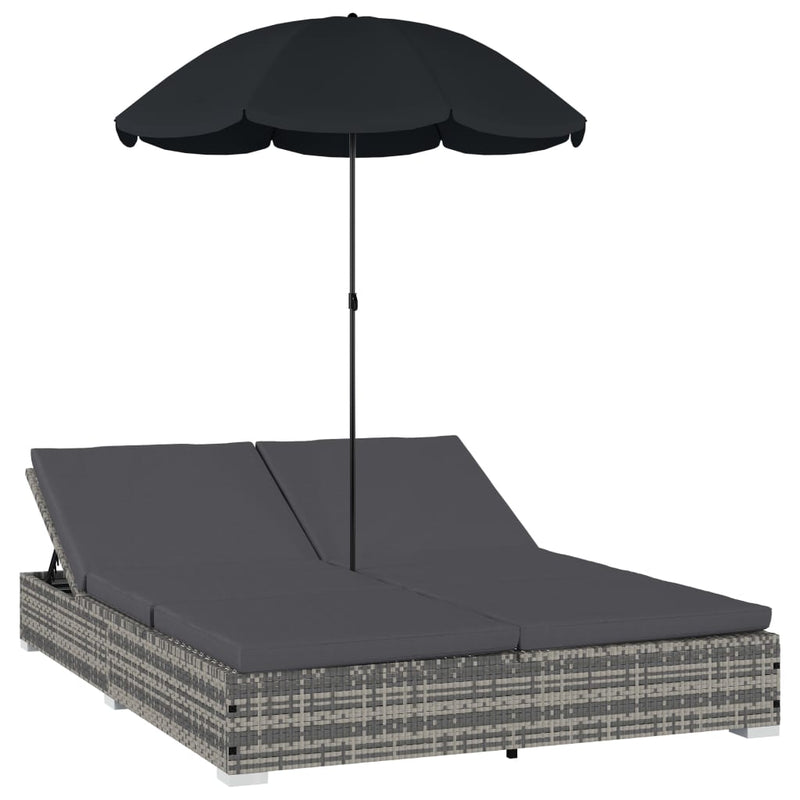 Outdoor Lounge Bed with Umbrella Poly Rattan Grey Payday Deals