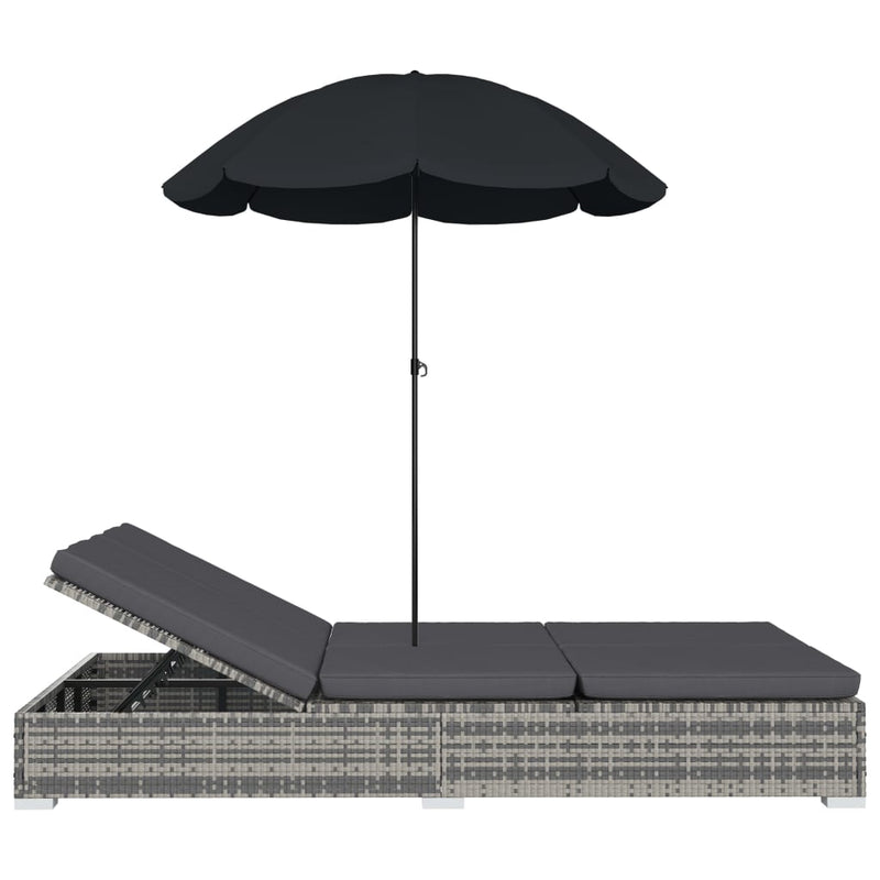 Outdoor Lounge Bed with Umbrella Poly Rattan Grey Payday Deals