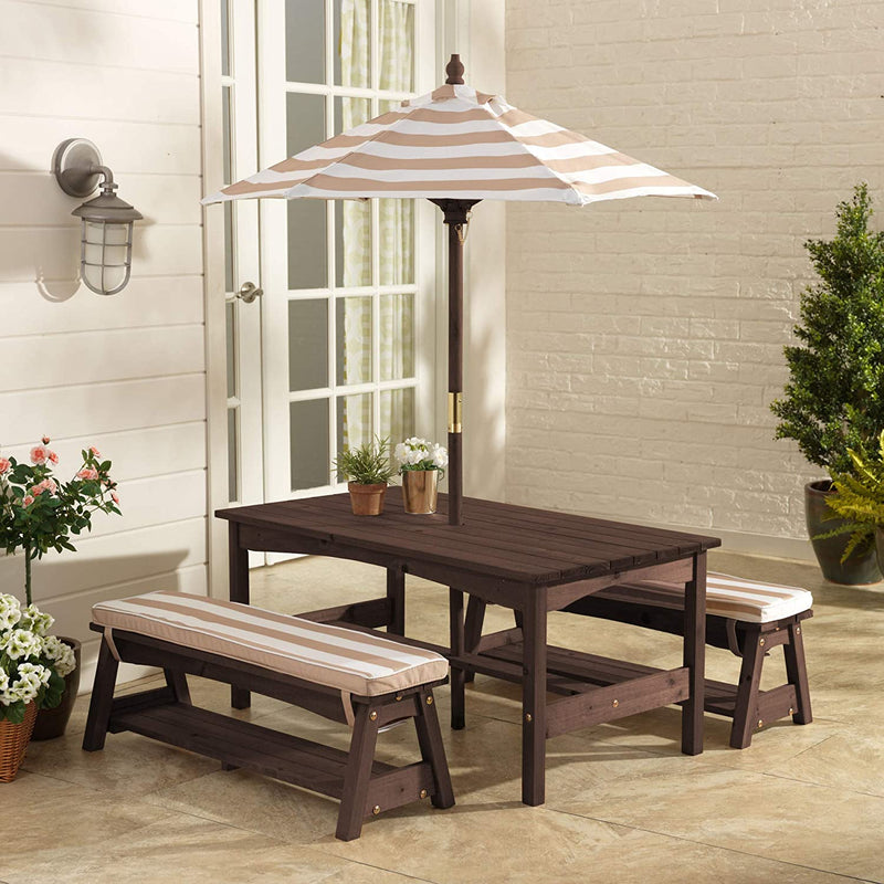 Outdoor Table & Bench Set with Cushions & Umbrella (Brown) Payday Deals