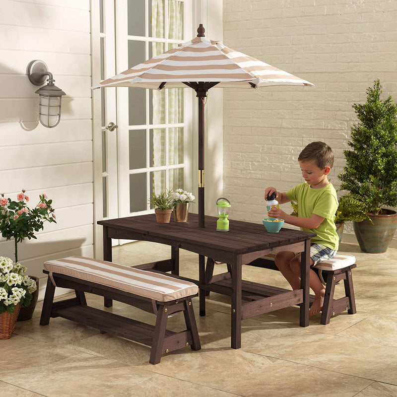 Outdoor Table & Bench Set with Cushions & Umbrella (Brown) Payday Deals