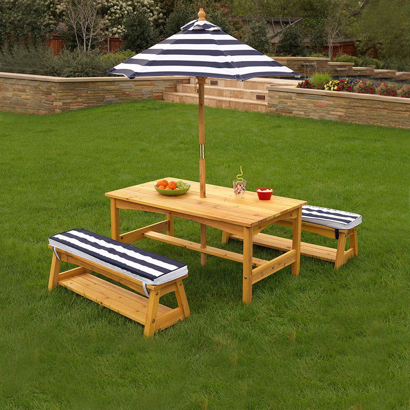Outdoor Table & Bench Set with Cushions & Umbrella (Navy) Payday Deals