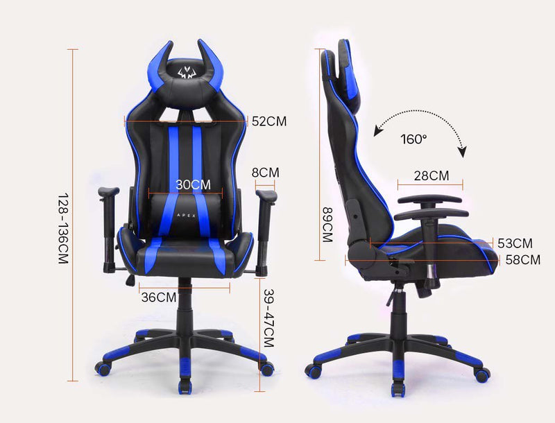 OVERDRIVE Diablo Reclining Gaming Chair Black & Blue Computer Lumbar Office Horns Payday Deals