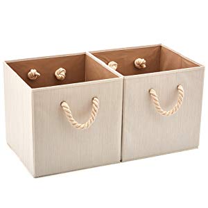 Pack of 2  Foldable Bamboo Fabric Storage Bin with Cotton Rope Handle and Collapsible Resistant Basket Box Organizer for Shelves – Beige (33 x 33 x 33 cm) Payday Deals