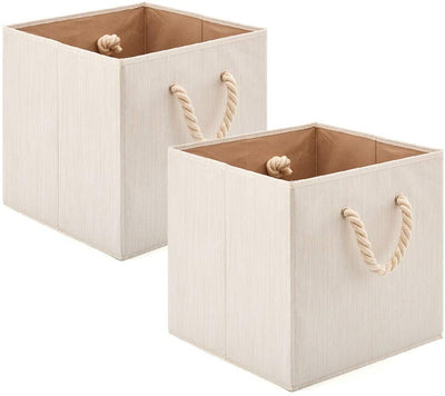 Pack of 2  Foldable Bamboo Fabric Storage Bin with Cotton Rope Handle and Collapsible Resistant Basket Box Organizer for Shelves – Beige (33 x 33 x 33 cm)