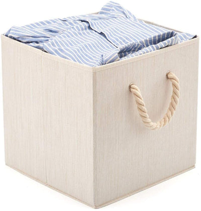 Pack of 2  Foldable Bamboo Fabric Storage Bin with Cotton Rope Handle and Collapsible Resistant Basket Box Organizer for Shelves – Beige (33 x 33 x 33 cm) Payday Deals