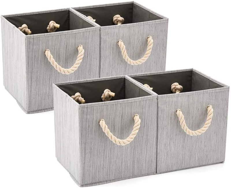 Pack of 4 Foldable Fabric Storage Cube Bins with Cotton Rope Handle and Collapsible Water Resistant Basket Box Organizer for Shelves (Grey) Payday Deals