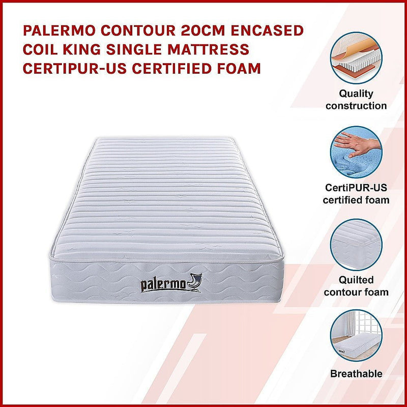 Palermo Contour 20cm Encased Coil King Single Mattress CertiPUR-US Certified Foam Payday Deals