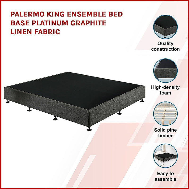Palermo King Ensemble Bed Base Platinum Graphite Linen Fabric Payday Deals