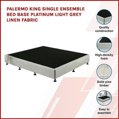 Palermo King Single Ensemble Bed Base Platinum Light Grey Linen Fabric Payday Deals