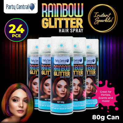 Party Central 24PCE Rainbow Glitter Hair Spray Long Lasting Non Sticky 80g Payday Deals