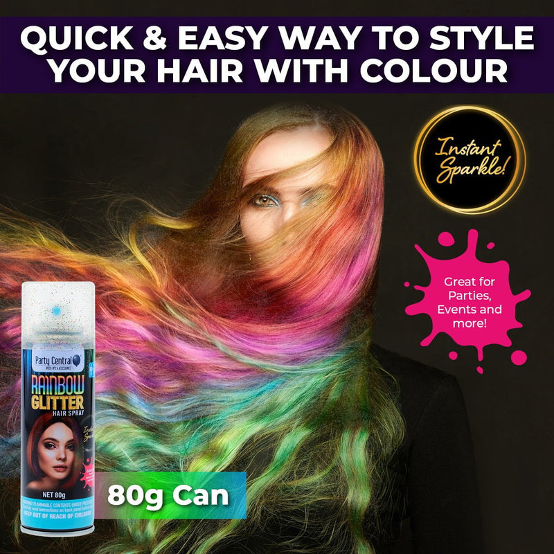 Party Central 24PCE Rainbow Glitter Hair Spray Long Lasting Non Sticky 80g Payday Deals