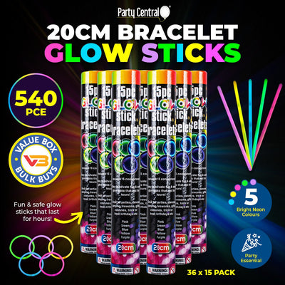 Party Central 540PCE Glow Stick Bracelets Bright Long Lasting Colours 20cm Payday Deals