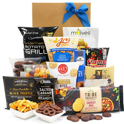 Party Pack Food Hamper - Rice Crackers, Potato Grills, Olives, Chocolates and Nuts - Party Hamper Gift Box for Birthdays, Christmas, Easter, Anniversaries, Weddings, Graduations, Office & College Parties