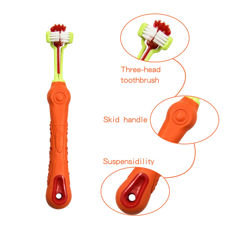 Pawfriends Pet Three-Head Multi-Angle Dog  Cat Toothbrush Oral Cleaning Product Orange Payday Deals