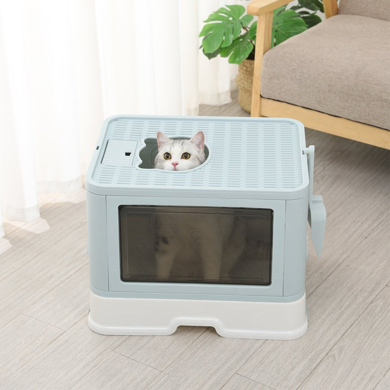 PaWz Foldable Cat Litter Box Tray Enclosed Kitty Toilet Hood Hair Grooming Blue Payday Deals