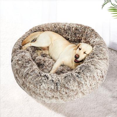 PaWz Pet Bed Cat Dog Donut Nest Calming Mat Soft Plush Kennel Brown Size L Payday Deals