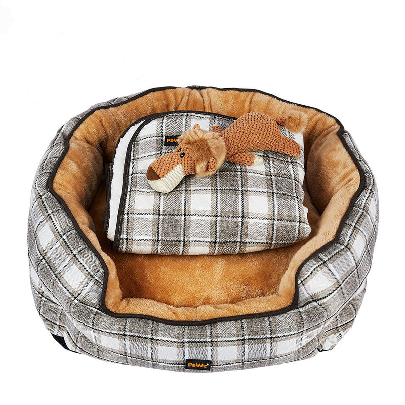 PaWz Pet Bed Set Dog Cat Quilted Blanket Squeaky Toy Calming Warm Soft Nest Checkered L Payday Deals