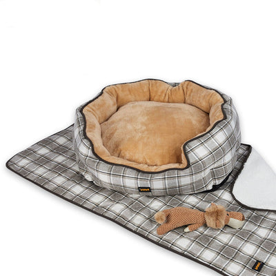 PaWz Pet Bed Set Dog Cat Quilted Blanket Squeaky Toy Calming Warm Soft Nest Checkered L Payday Deals