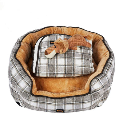 PaWz Pet Bed Set Dog Cat Quilted Blanket Squeaky Toy Calming Warm Soft Nest Checkered XL