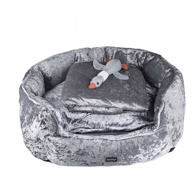 PaWz Pet Bed Set Dog Cat Quilted Blanket Squeaky Toy Calming Warm Soft Nest Grey L Payday Deals