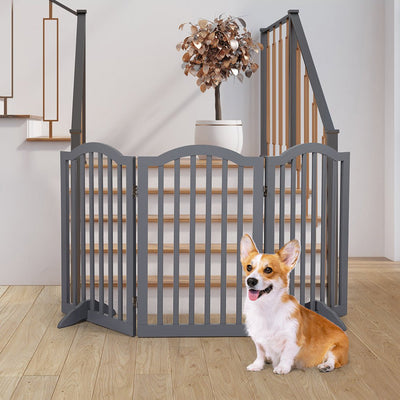 PaWz Wooden Pet Gate Dog Fence Safety Stair Barrier Security Door 3 Panels Grey Payday Deals