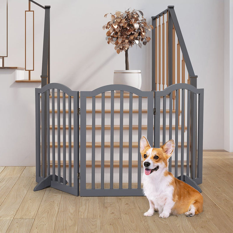 PaWz Wooden Pet Gate Dog Fence Safety Stair Barrier Security Door 3 Panels Grey Payday Deals