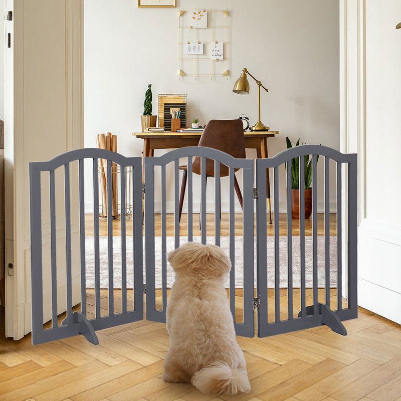 PaWz Wooden Pet Gate Dog Fence Safety Stair Barrier Security Door 3 Panels Grey Payday Deals