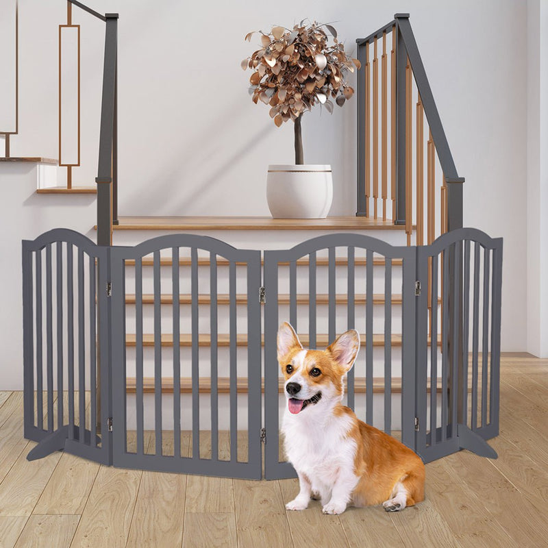 PaWz Wooden Pet Gate Dog Fence Safety Stair Barrier Security Door 4 Panels Grey Payday Deals